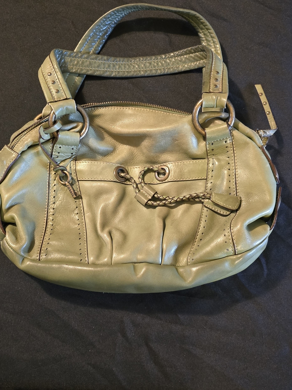 Fossil Olive Green Leather Shoulder Bag with Braided Accent